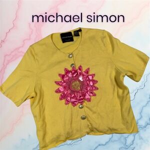 VTG Michael Simon Yellow Button Down Cardigan L Pink Floral Embellished Knit Top